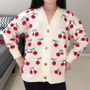 Women long sleeve v neck knit cherry cardigan jacket sweater pullover top